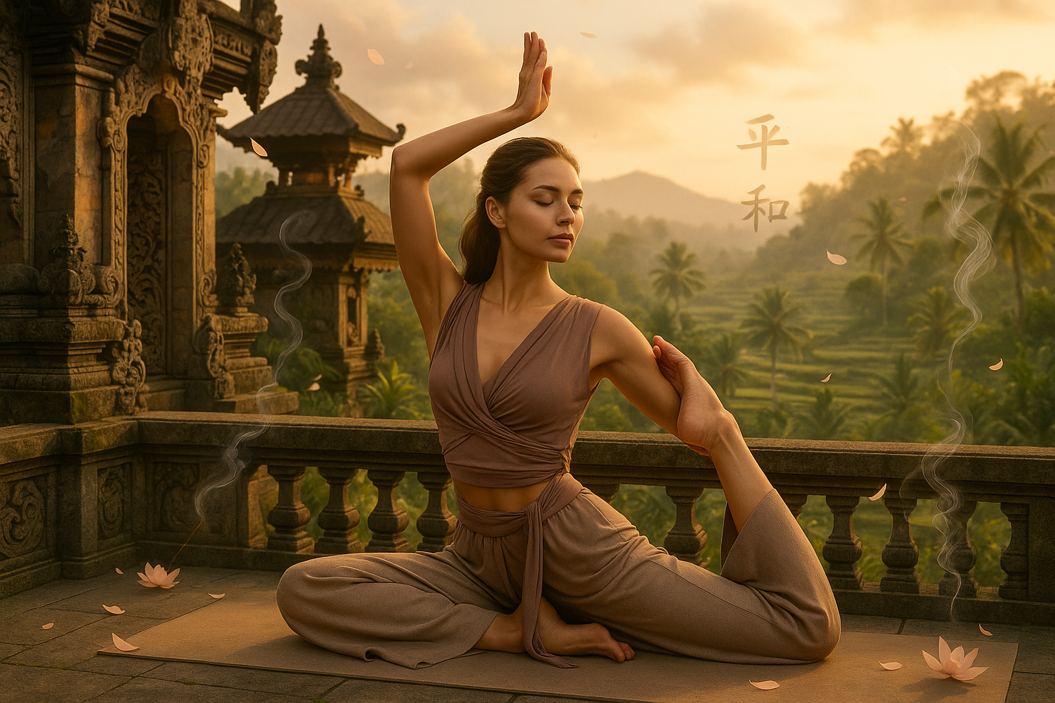 Topmodel in mooi yoga setje met een uitzicht in Bali. Verwerk er wat Aziatische wijsheden in